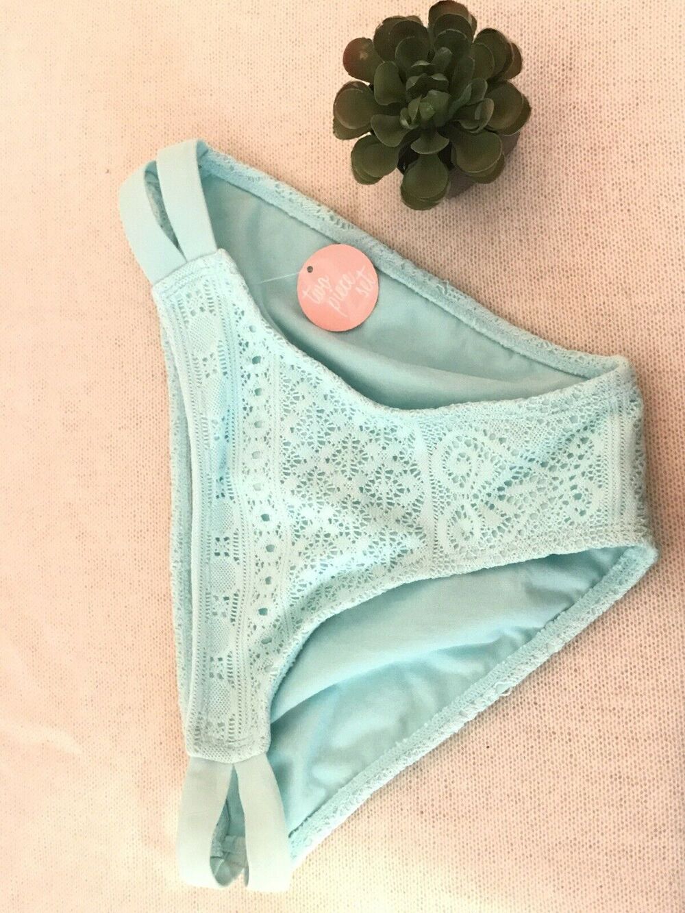 Malibu Dream Girl NEW Crochet Tab Side Light Blue Bikini Bottoms 14 swimsuit